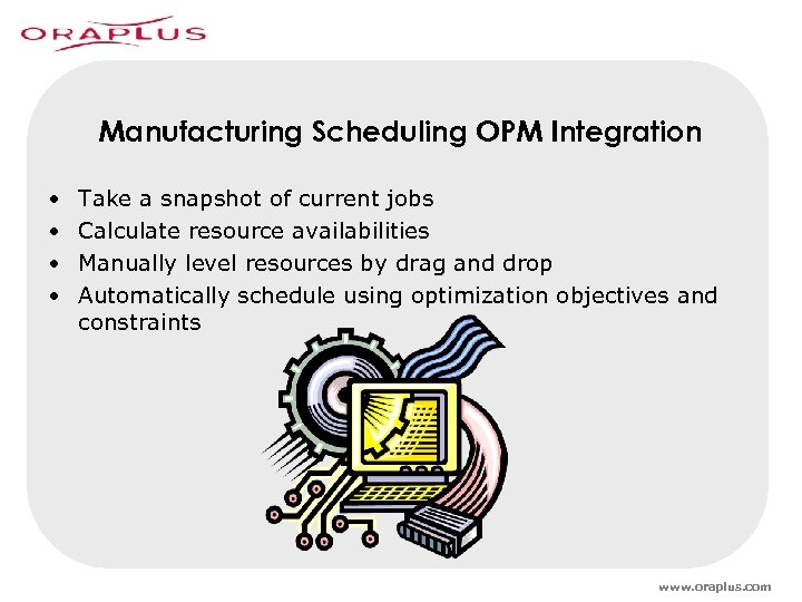 Manufacturing Scheduling OPM Integration • • Take a snapshot of current jobs Calculate resource