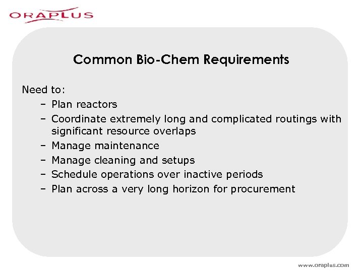 Common Bio-Chem Requirements Need to: – Plan reactors – Coordinate extremely long and complicated