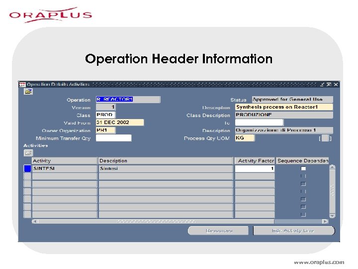 Operation Header Information www. oraplus. com 