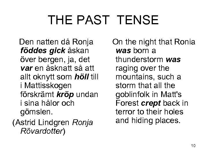 THE PAST TENSE Den natten då Ronja On the night that Ronia föddes gick