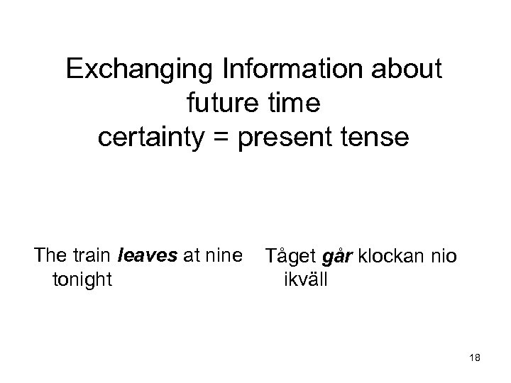 Exchanging Information about future time certainty = present tense The train leaves at nine