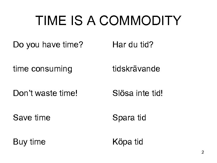 TIME IS A COMMODITY Do you have time? Har du tid? time consuming tidskrävande