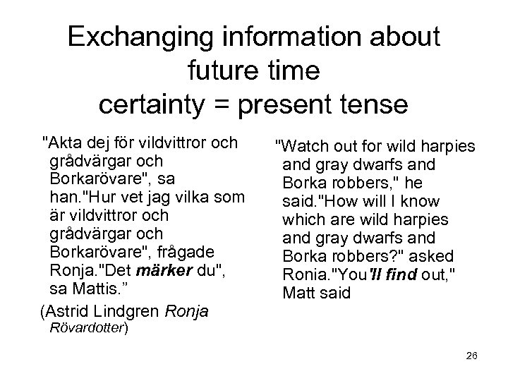 Exchanging information about future time certainty = present tense "Akta dej för vildvittror och