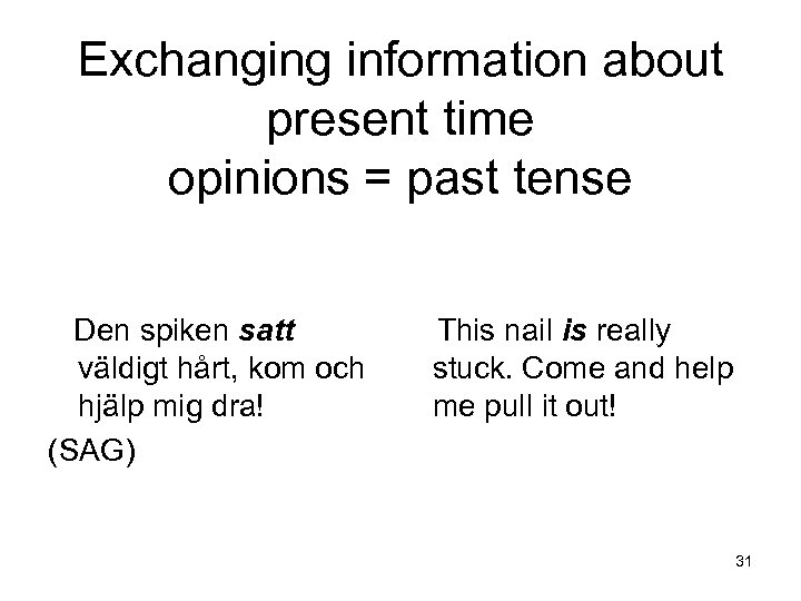 Exchanging information about present time opinions = past tense Den spiken satt This nail