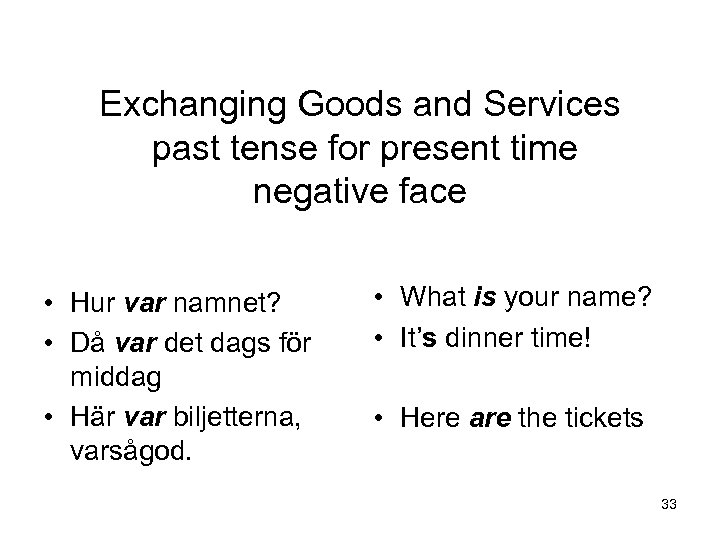Exchanging Goods and Services past tense for present time negative face • Hur var