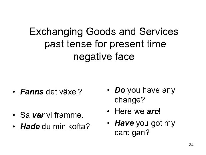 Exchanging Goods and Services past tense for present time negative face • Fanns det