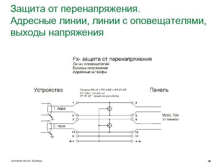 Защита от перенапряжения. Адресные линии, линии с оповещателями, выходы напряжения Schneider Electric Buildings 24