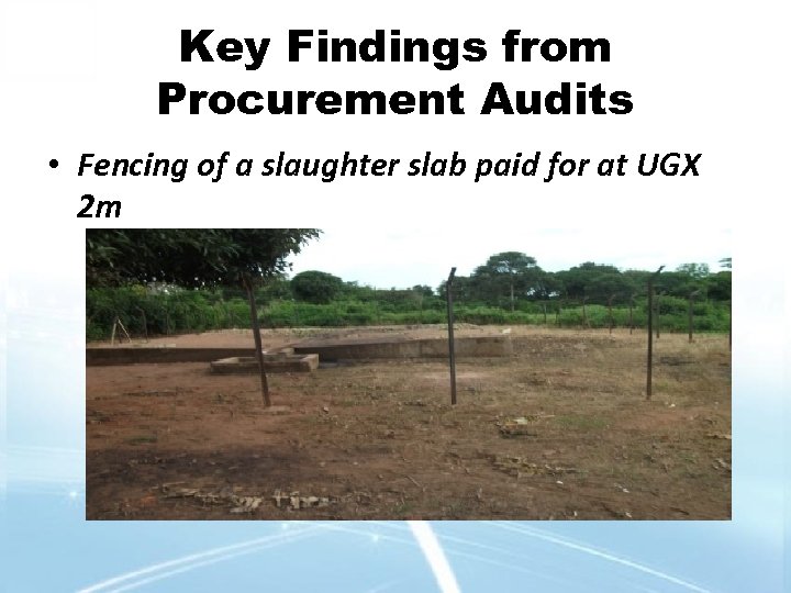 Key Findings from Procurement Audits • Fencing of a slaughter slab paid for at