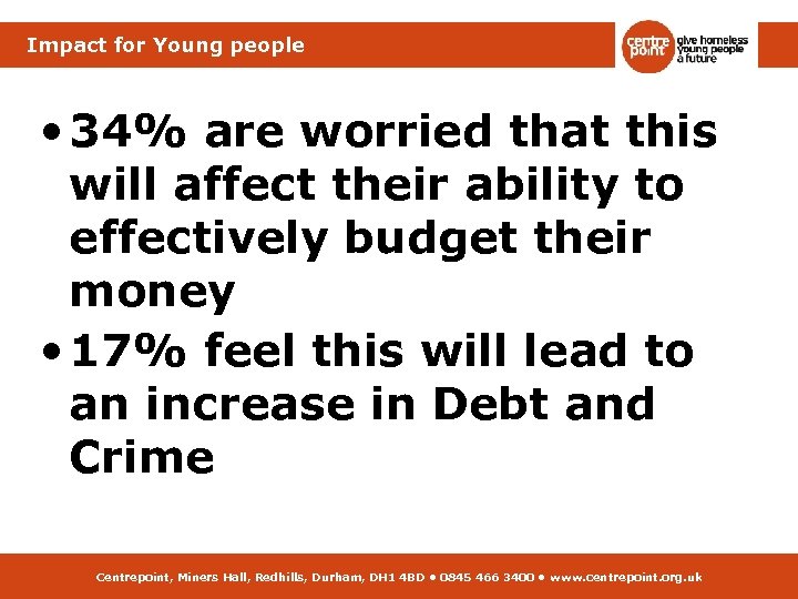 Impact for Young people • 34% are worried that this will affect their ability