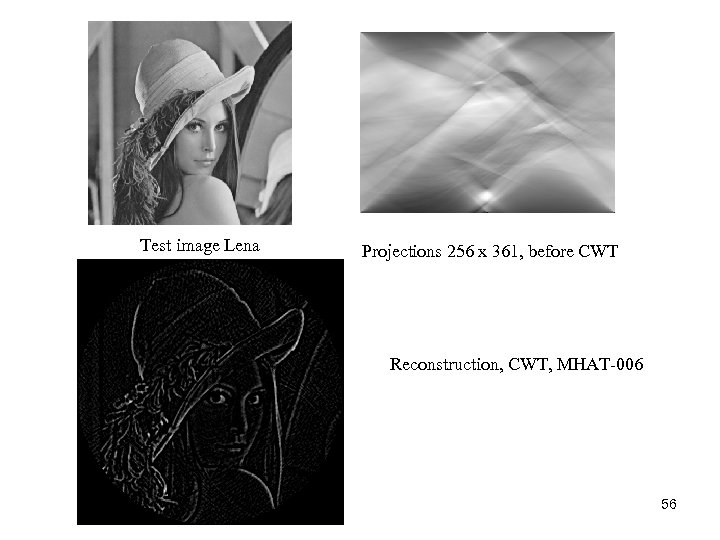 Test image Lena Projections 256 x 361, before CWT Reconstruction, CWT, MHAT 006 56