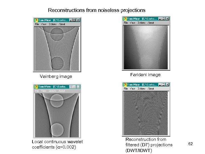 Reconstructions from noiseless projections Vainberg image Local continuous wavelet coefficients (α=0. 002) Faridani image