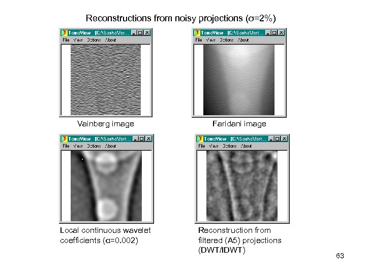 Reconstructions from noisy projections (σ=2%) Vainberg image Local continuous wavelet coefficients (α=0. 002) Faridani