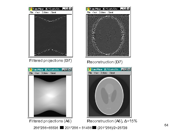 Filtered projections (D 7) Reconstruction (D 7) Filtered projections (A 6) Reconstruction (A 6),