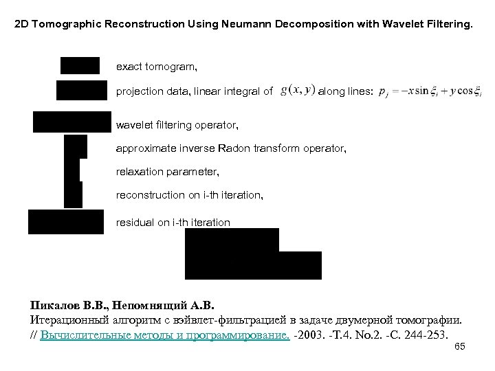 2 D Tomographic Reconstruction Using Neumann Decomposition with Wavelet Filtering. exact tomogram, projection data,