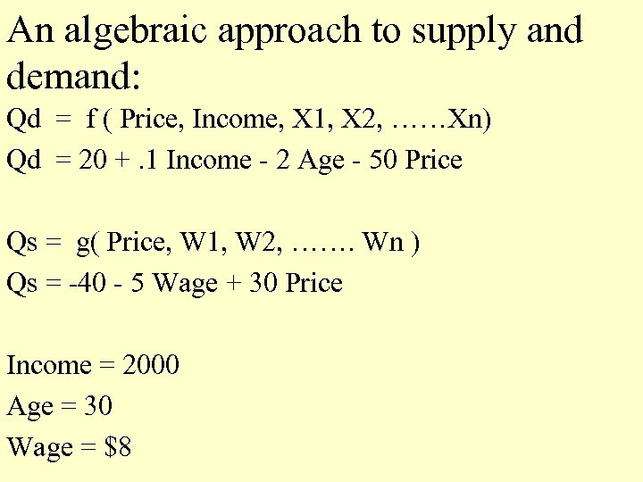 An algebraic approach to supply and demand: Qd = f ( Price, Income, X