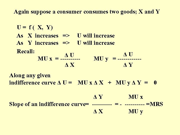 Again suppose a consumer consumes two goods; X and Y U = f (