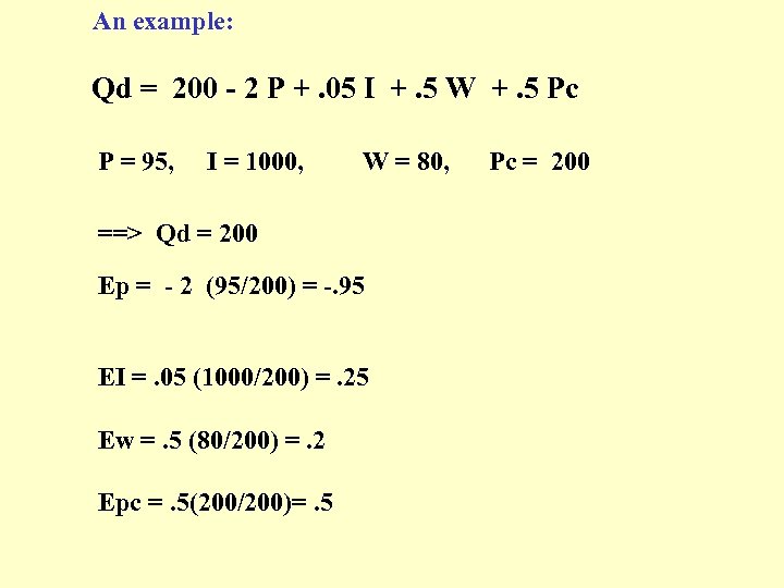 An example: Qd = 200 - 2 P +. 05 I +. 5 W