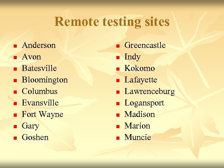 Remote testing sites n n n n n Anderson Avon Batesville Bloomington Columbus Evansville