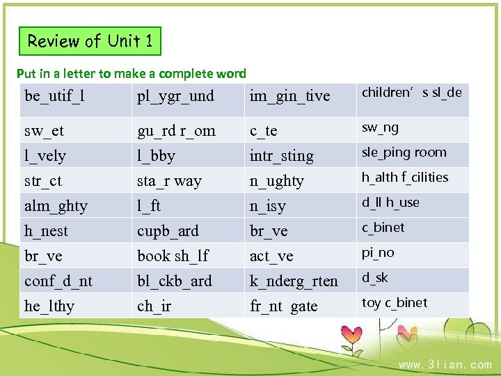 Review of Unit 1 Put in a letter to make a complete word be_utif_l