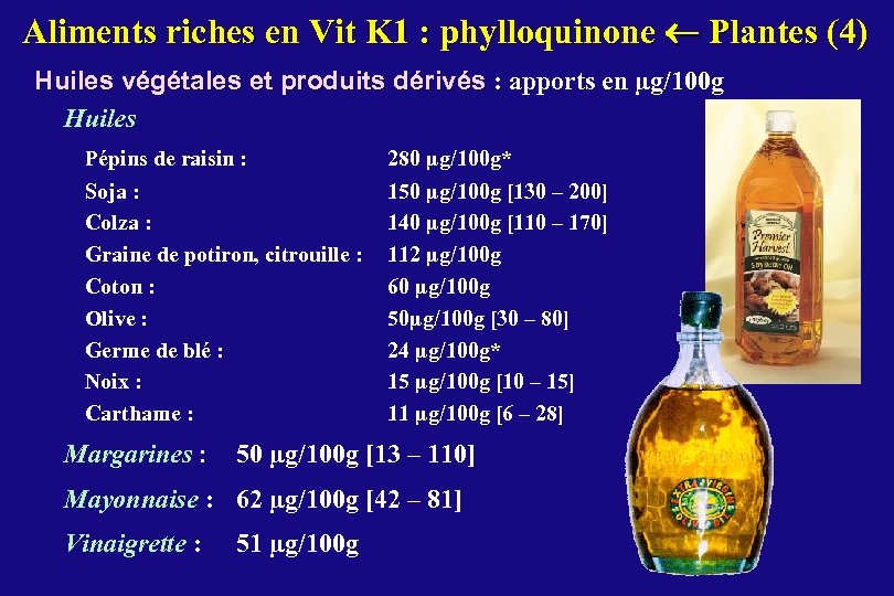 Aliments riches en Vit K 1 : phylloquinone Plantes (4) Huiles végétales et produits