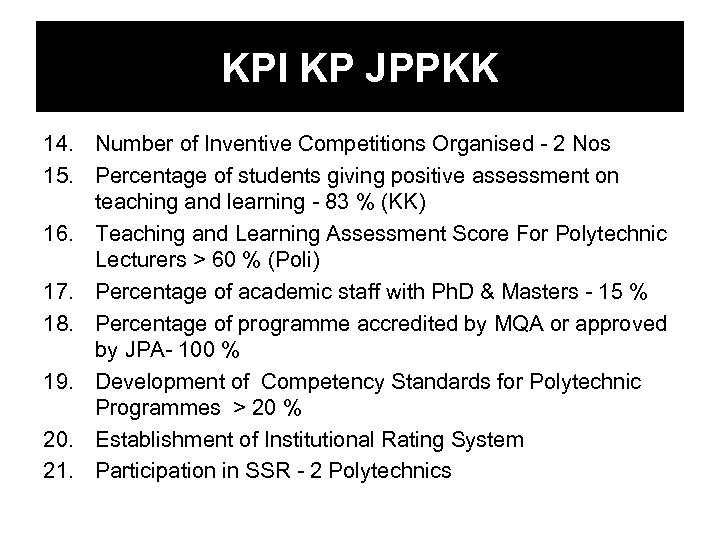 KPI KP JPPKK 14. Number of Inventive Competitions Organised - 2 Nos 15. Percentage