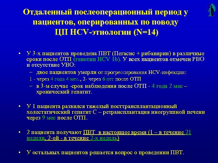 Отдаленный послеоперационный период у пациентов, оперированных по поводу ЦП HCV-этиологии (N=14) • У 3