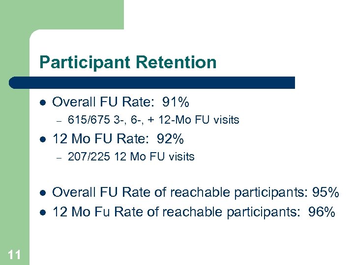 Participant Retention l Overall FU Rate: 91% – l 12 Mo FU Rate: 92%