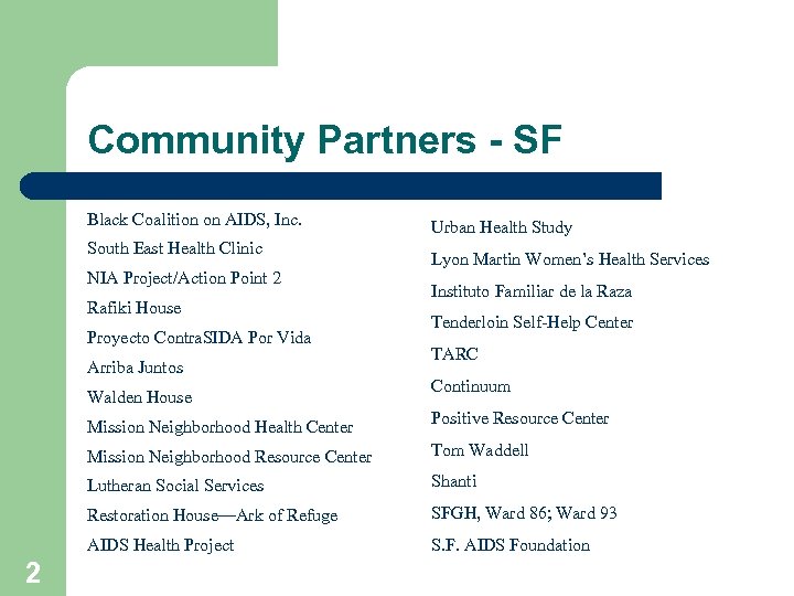 Community Partners - SF Black Coalition on AIDS, Inc. South East Health Clinic NIA