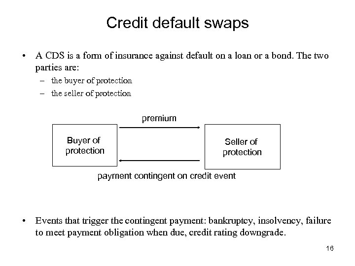 Credit default swaps • A CDS is a form of insurance against default on