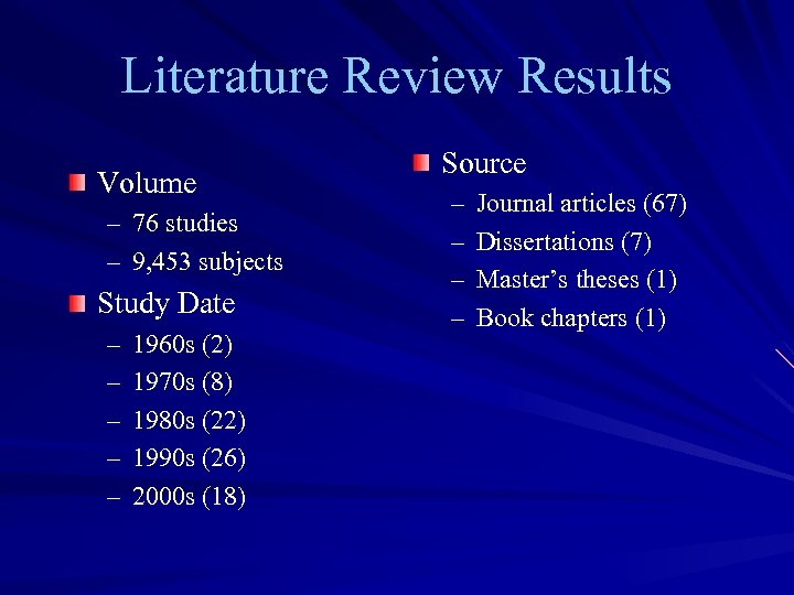 Literature Review Results Volume – 76 studies – 9, 453 subjects Study Date –