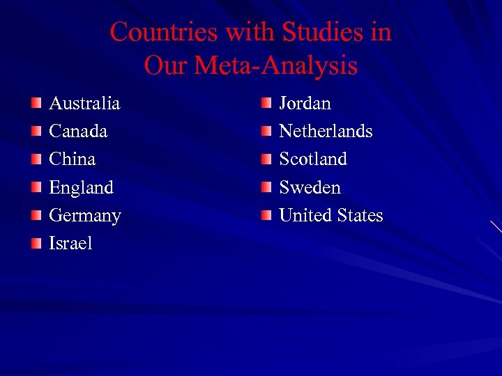 Countries with Studies in Our Meta-Analysis Australia Canada China England Germany Israel Jordan Netherlands