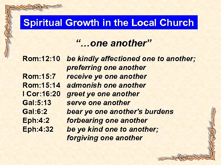 Spiritual Growth in the Local Church “…one another” Rom: 12: 10 be kindly affectioned