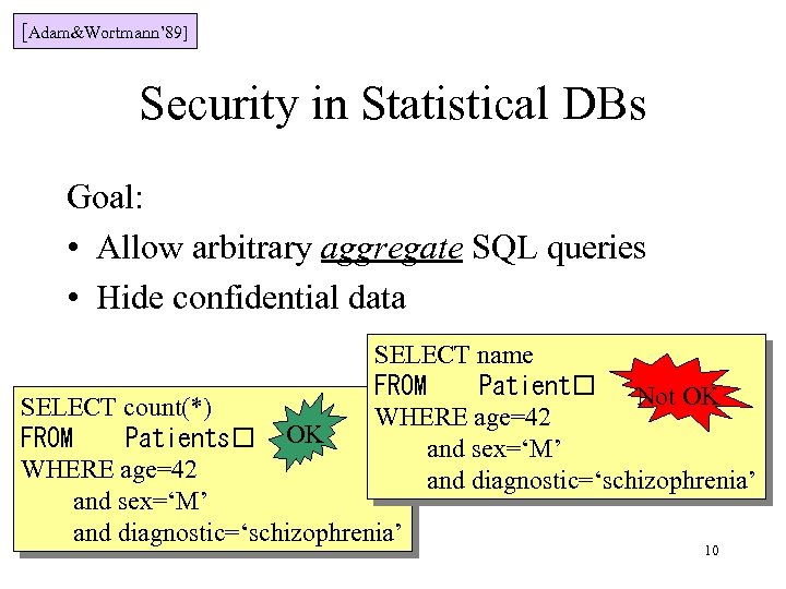 [Adam&Wortmann’ 89] Security in Statistical DBs Goal: • Allow arbitrary aggregate SQL queries •