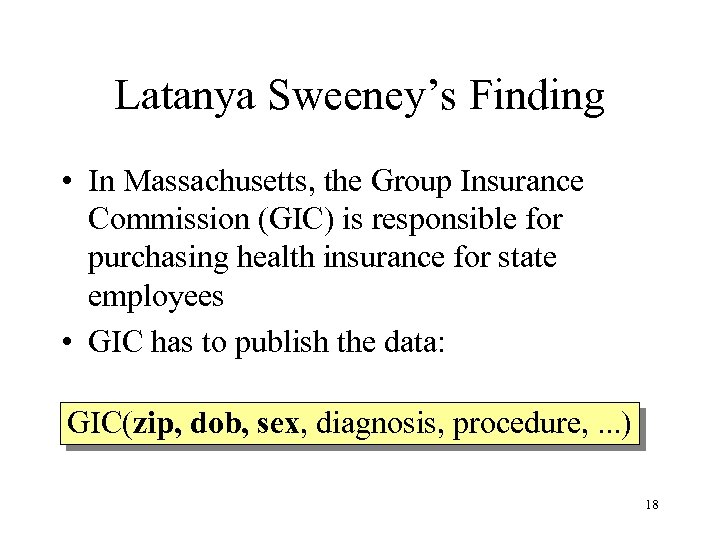 Latanya Sweeney’s Finding • In Massachusetts, the Group Insurance Commission (GIC) is responsible for