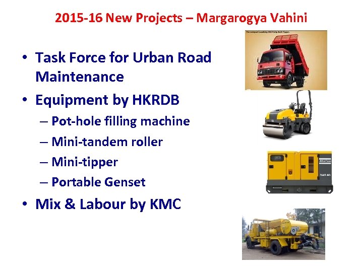 2015 -16 New Projects – Margarogya Vahini • Task Force for Urban Road Maintenance