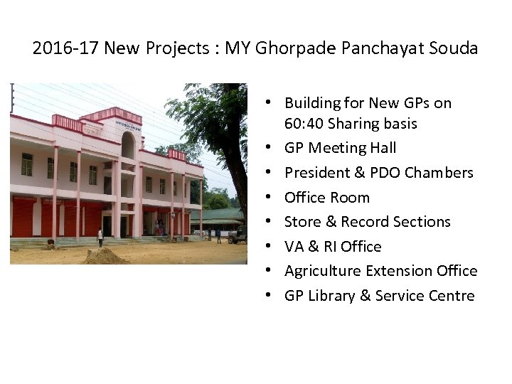 2016 -17 New Projects : MY Ghorpade Panchayat Souda • Building for New GPs