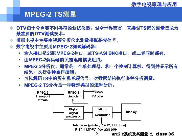 数字电视原理与应用 MPEG-2 TS测量 v DTV仍十分需要不同类型的测试仪器；对全世界而言，直接对TS流的测量已成为 最重要的DTV测试技术。 v 模拟电视中主要由视频分析仪来测量模拟基带信号。 v 数字电视中主要用MPEG-2测试解码器： § 输入接口是 25脚MPEG-2并口，或TS-ASI BNC串口，或二者同时都有。