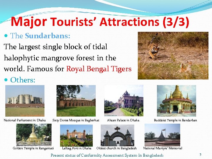 Major Tourists’ Attractions (3/3) The Sundarbans: The largest single block of tidal halophytic mangrove