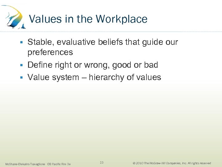 Values in the Workplace Stable, evaluative beliefs that guide our preferences § Define right