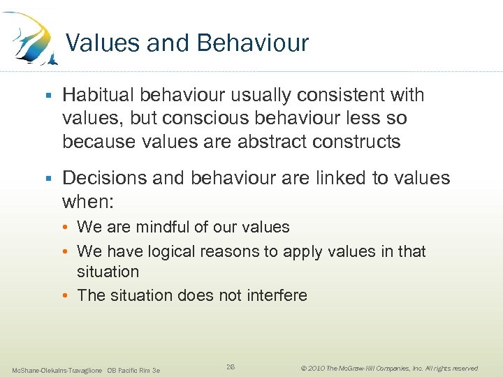 Values and Behaviour § Habitual behaviour usually consistent with values, but conscious behaviour less