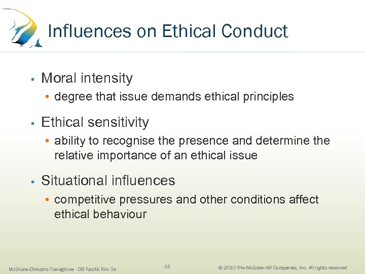 Influences on Ethical Conduct § Moral intensity • degree that issue demands ethical principles