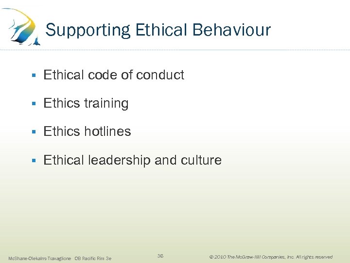 Supporting Ethical Behaviour § Ethical code of conduct § Ethics training § Ethics hotlines