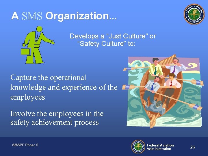 A SMS Organization… Develops a “Just Culture” or “Safety Culture” to: Capture the operational