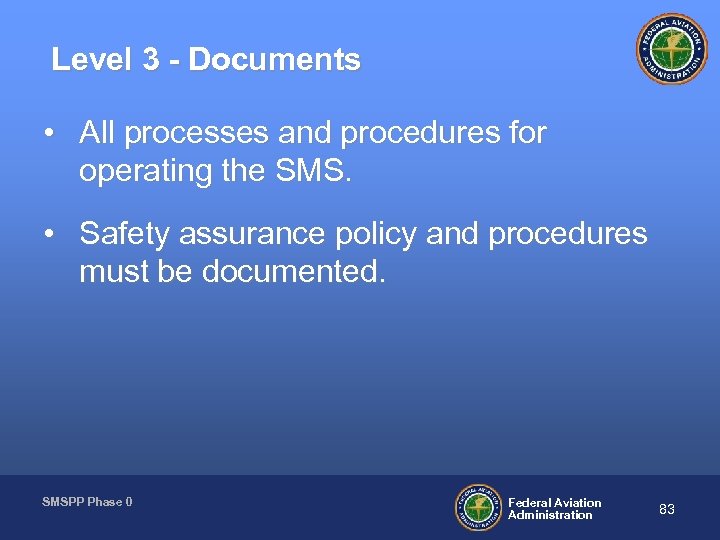 Level 3 - Documents • All processes and procedures for operating the SMS. •