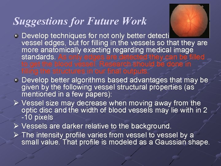 Suggestions for Future Work Develop techniques for not only better detection of vessel edges,