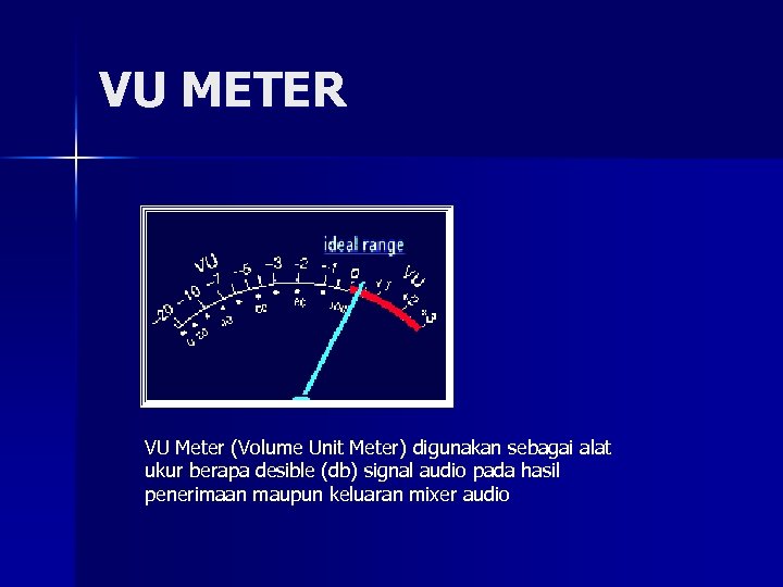 VU METER VU Meter (Volume Unit Meter) digunakan sebagai alat ukur berapa desible (db)