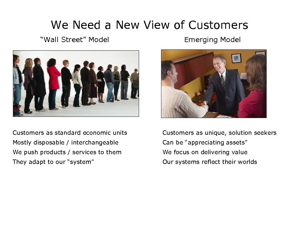 We Need a New View of Customers “Wall Street” Model Emerging Model Customers as