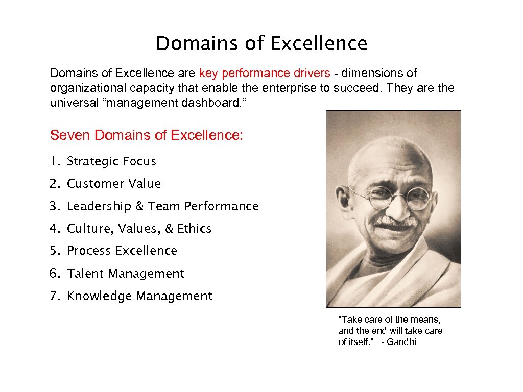 Domains of Excellence are key performance drivers - dimensions of organizational capacity that enable