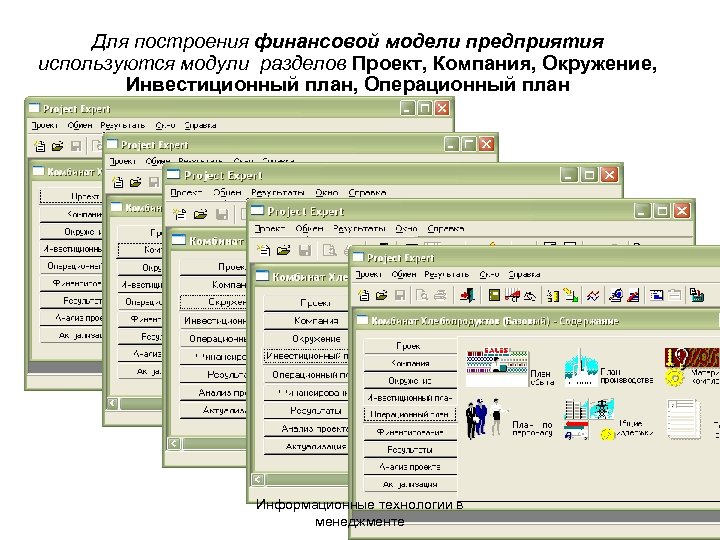 Для построения финансовой модели предприятия используются модули разделов Проект, Компания, Окружение, Инвестиционный план, Операционный