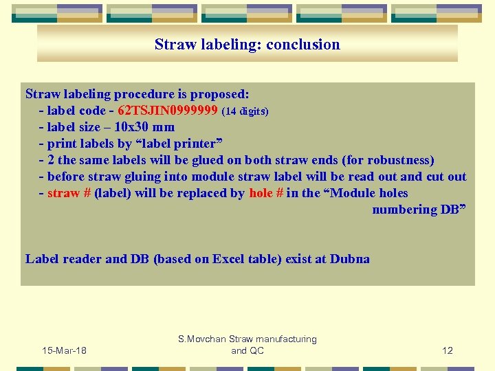 Straw labeling: conclusion Straw labeling procedure is proposed: - label code - 62 TSJIN